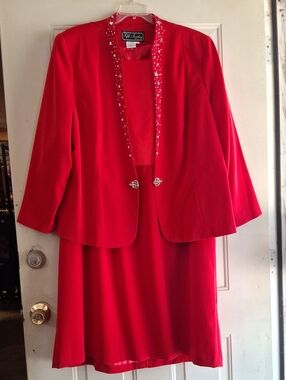 Elegant Red Women's Dress and Jacket Set by